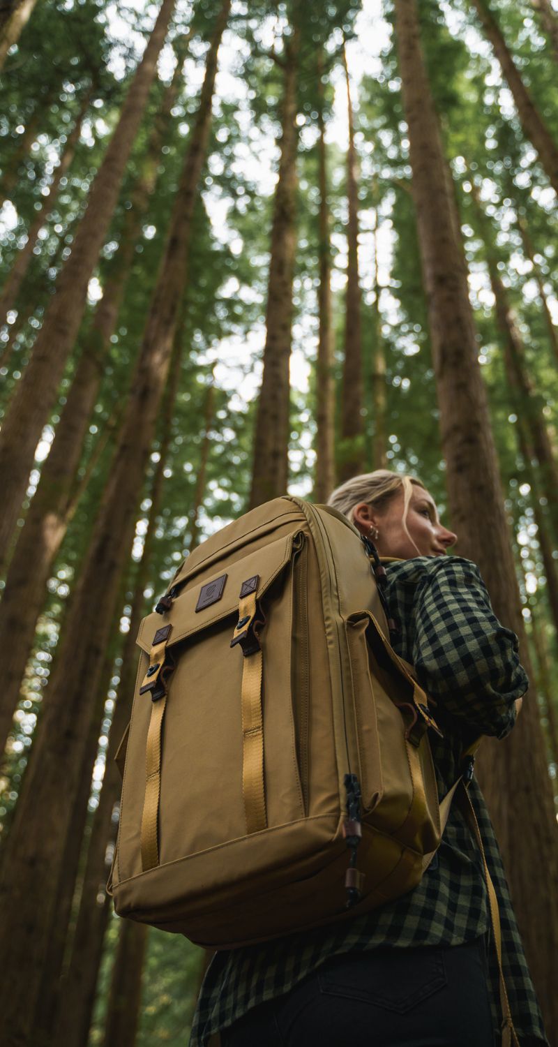 Person with a large brown camera backpack walking through a forest